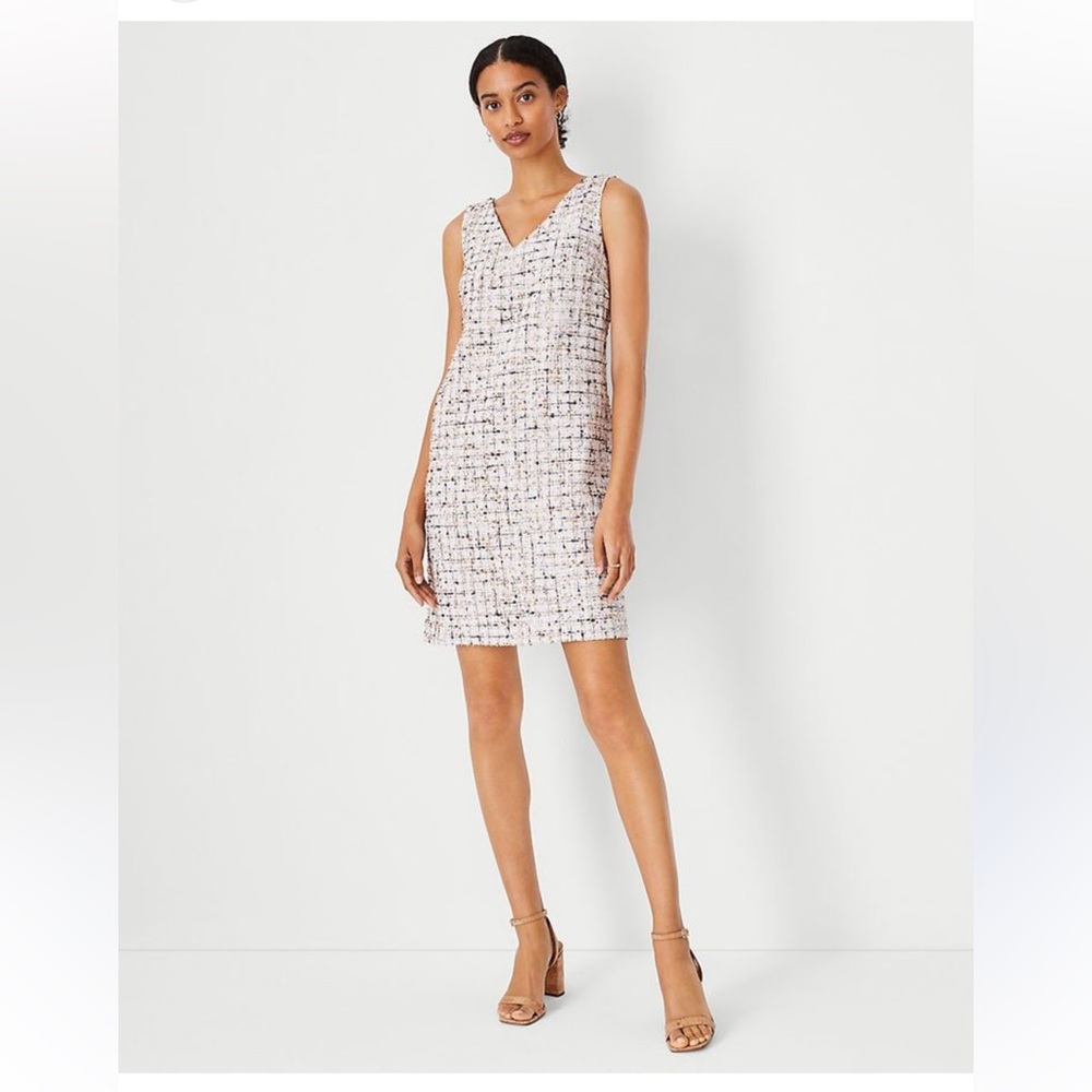 Ann Taylor Elegant Tweed Sleeveless double Vneck mini lined zipper L Dress